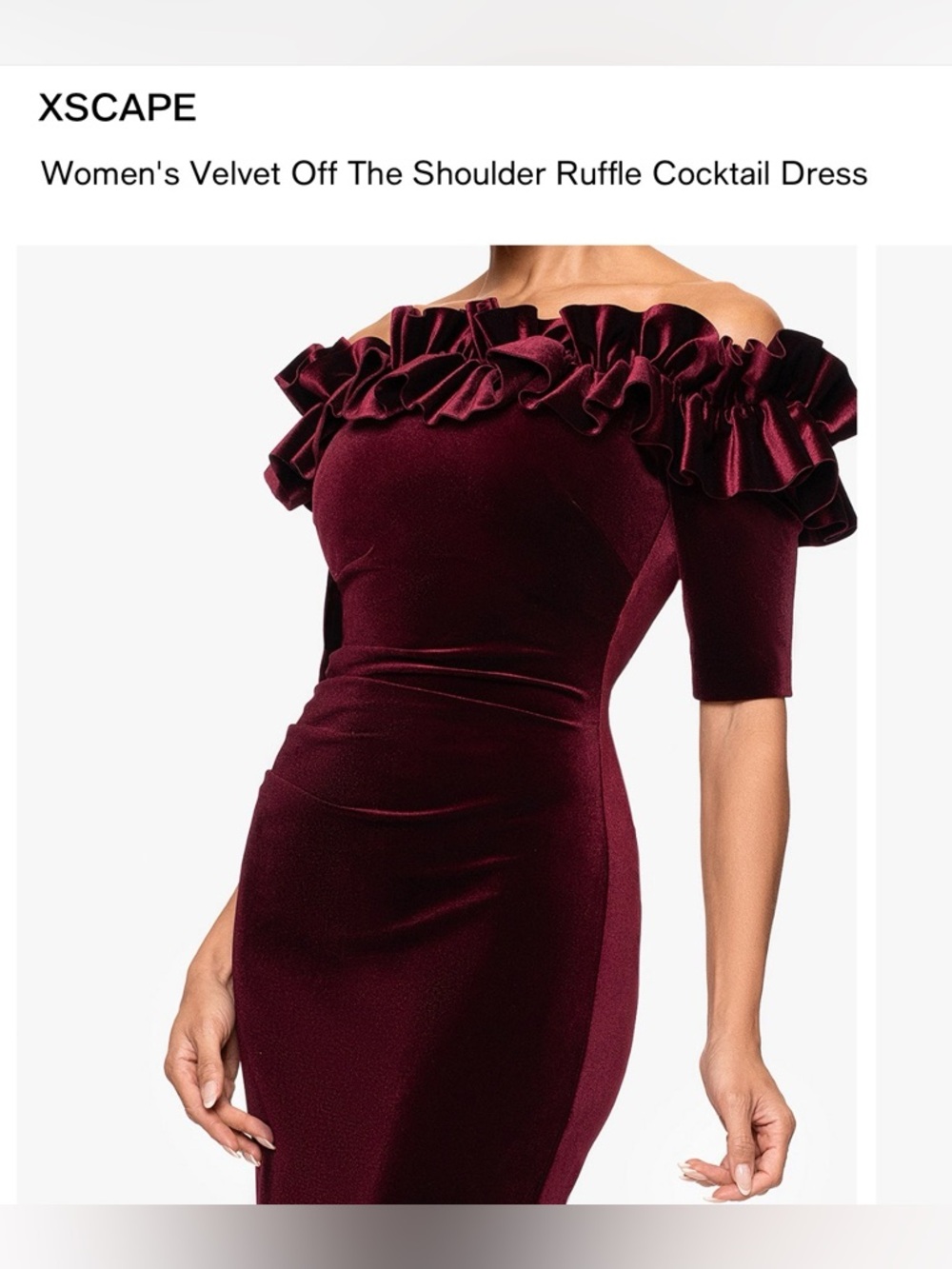 Xscape One-Shoulder Ruffle Velvet Sheath Dress - Burgundy - Picture 3 of 6